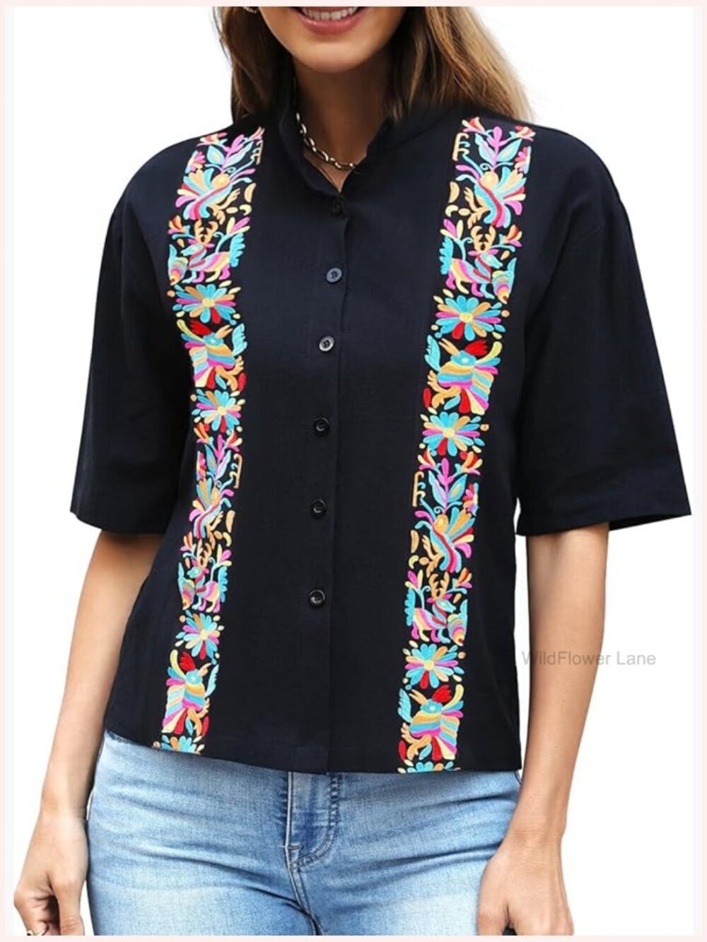 Embroidered Guayabera Blouse Short Sleeve Button Down Shirt